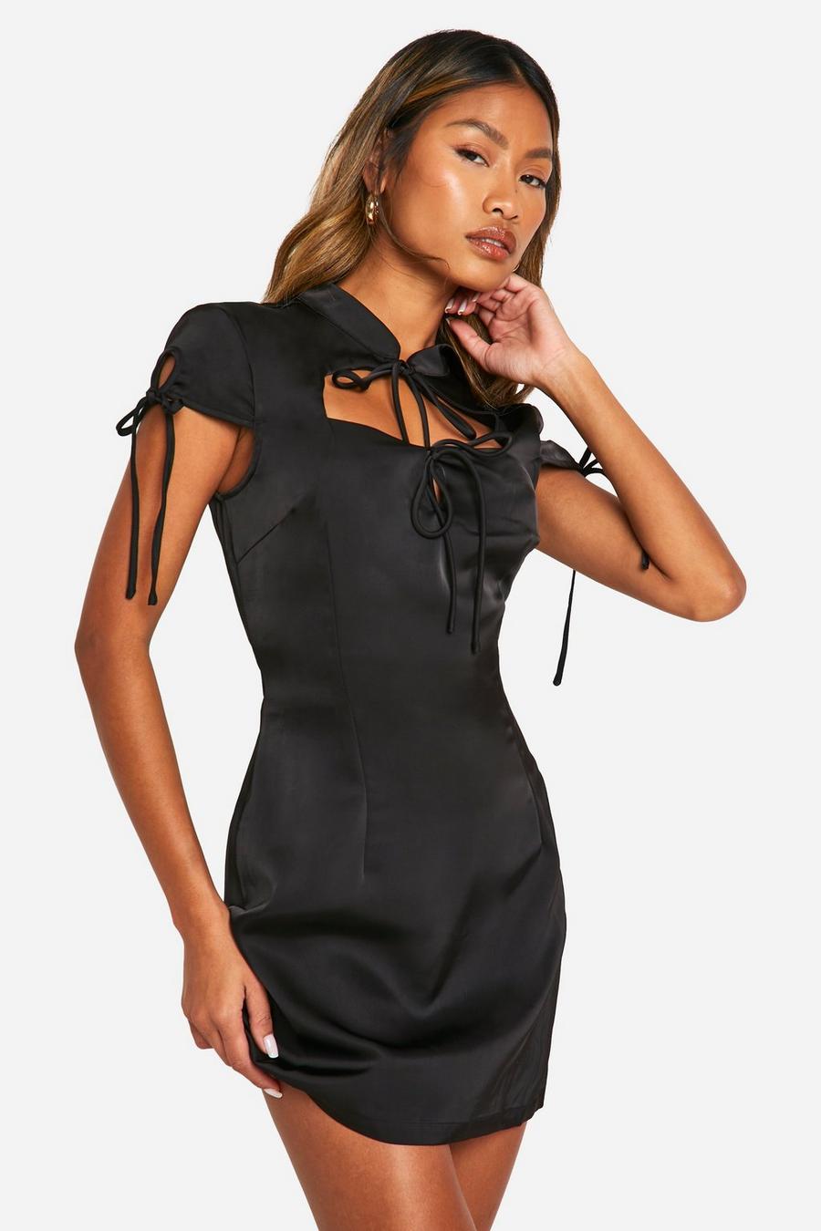 Black Satin Tie Front Mini Dress image number 1