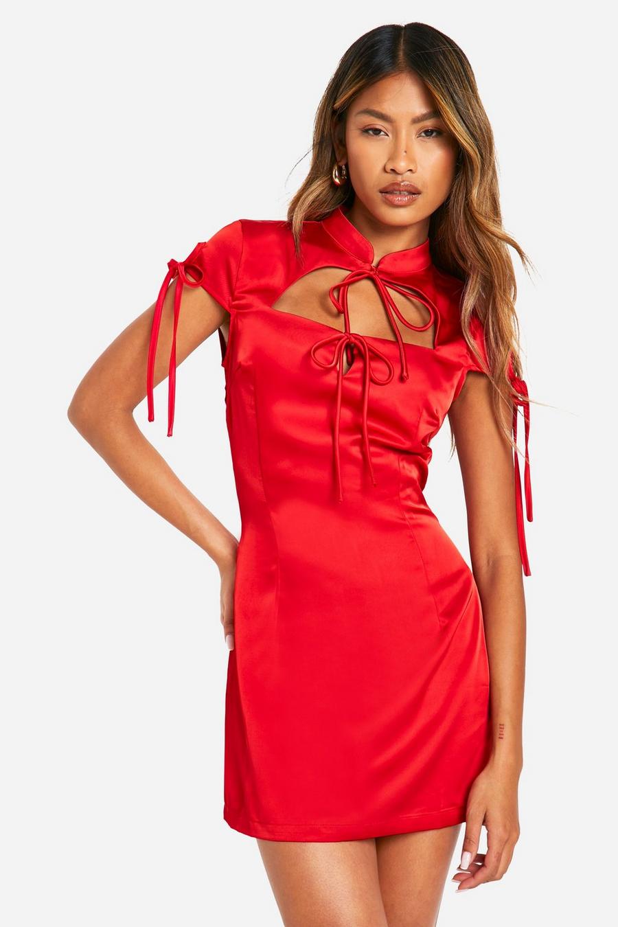 Red Satin Tie Front Mini Dress image number 1