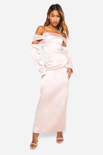 Satin Cold Shoulder Maxi Dres blush