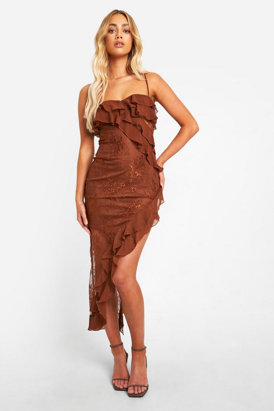 Chocolate Lace Frill Asymmetric Midaxi Dress image number 1