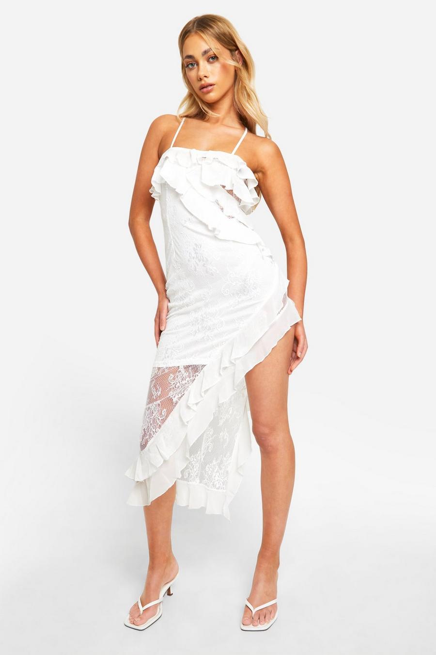 White Lace Frill Asymmetric Midi Dress