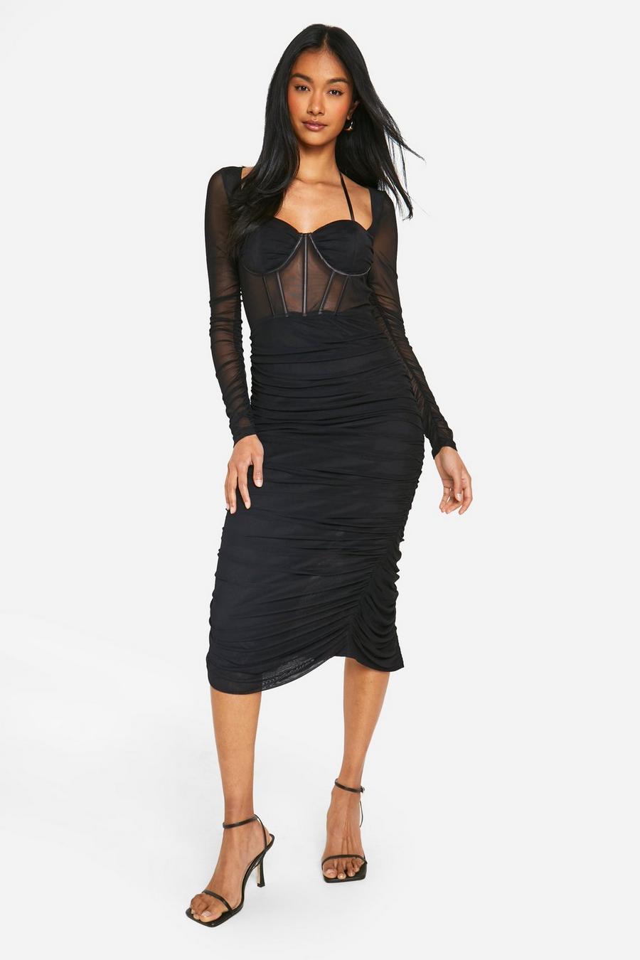 Black Mesh Cup Detail Ruched Midaxi Dress image number 1