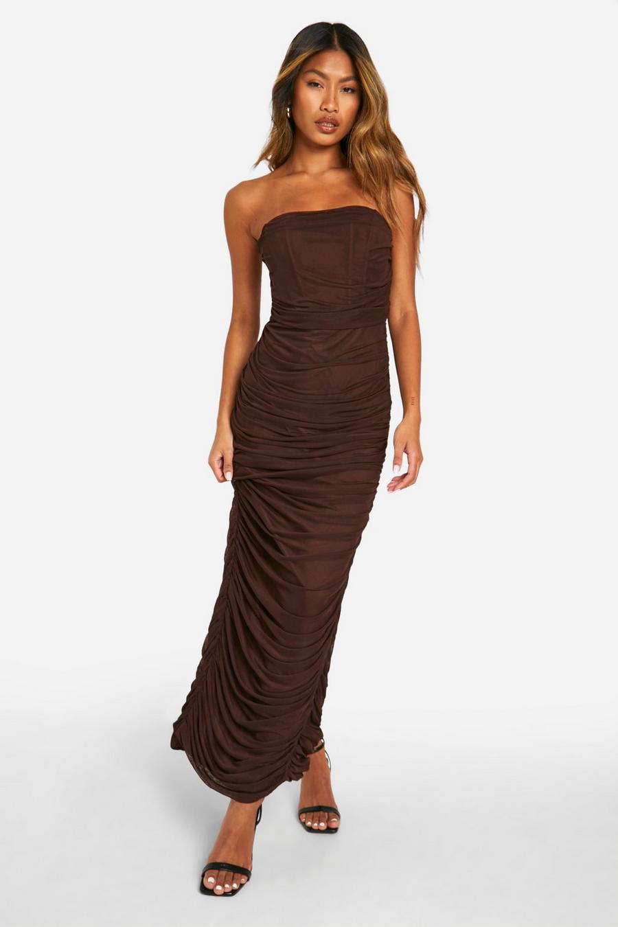Chocolate Mesh Bandeau Ruched Maxi Dress image number 1