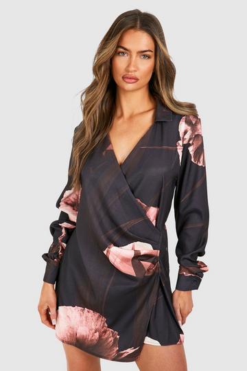 Black Dark Floral Satin Wrap Shirt Dress