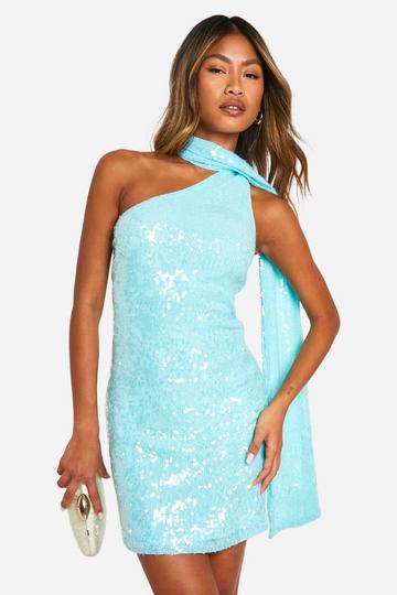 Sequin Halterneck Drape Mini Dress turquoise