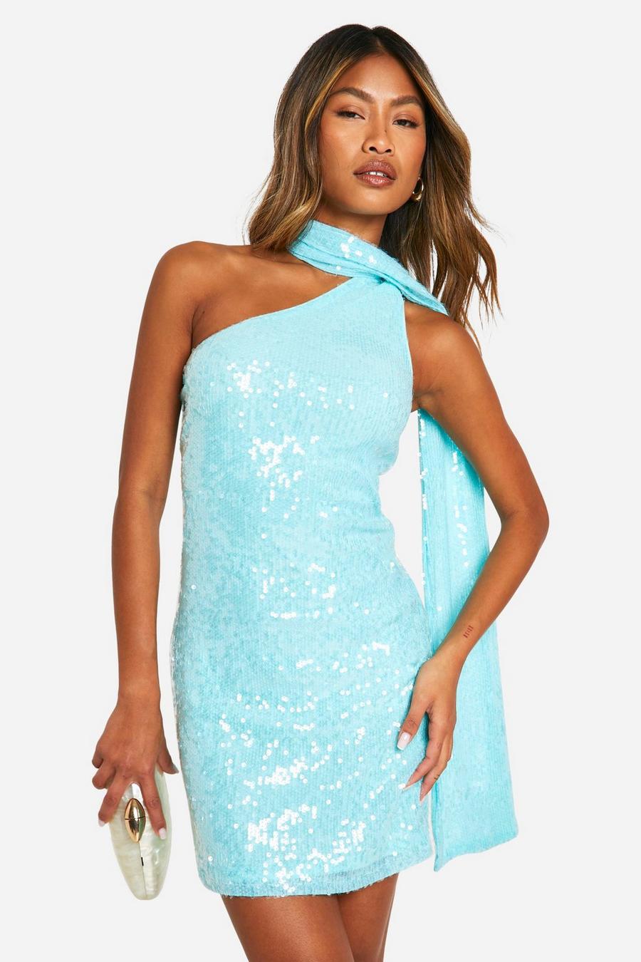 Turquoise Sequin Halterneck Drape Mini Dress