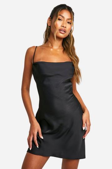 Black Satin Cowl Mini Slip Dress