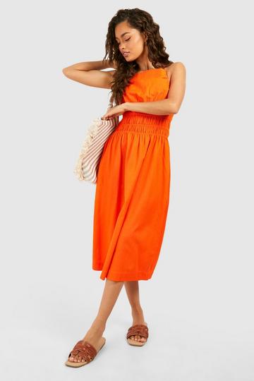 Strappy Linen Look Shirred Waist Midi Dress orange