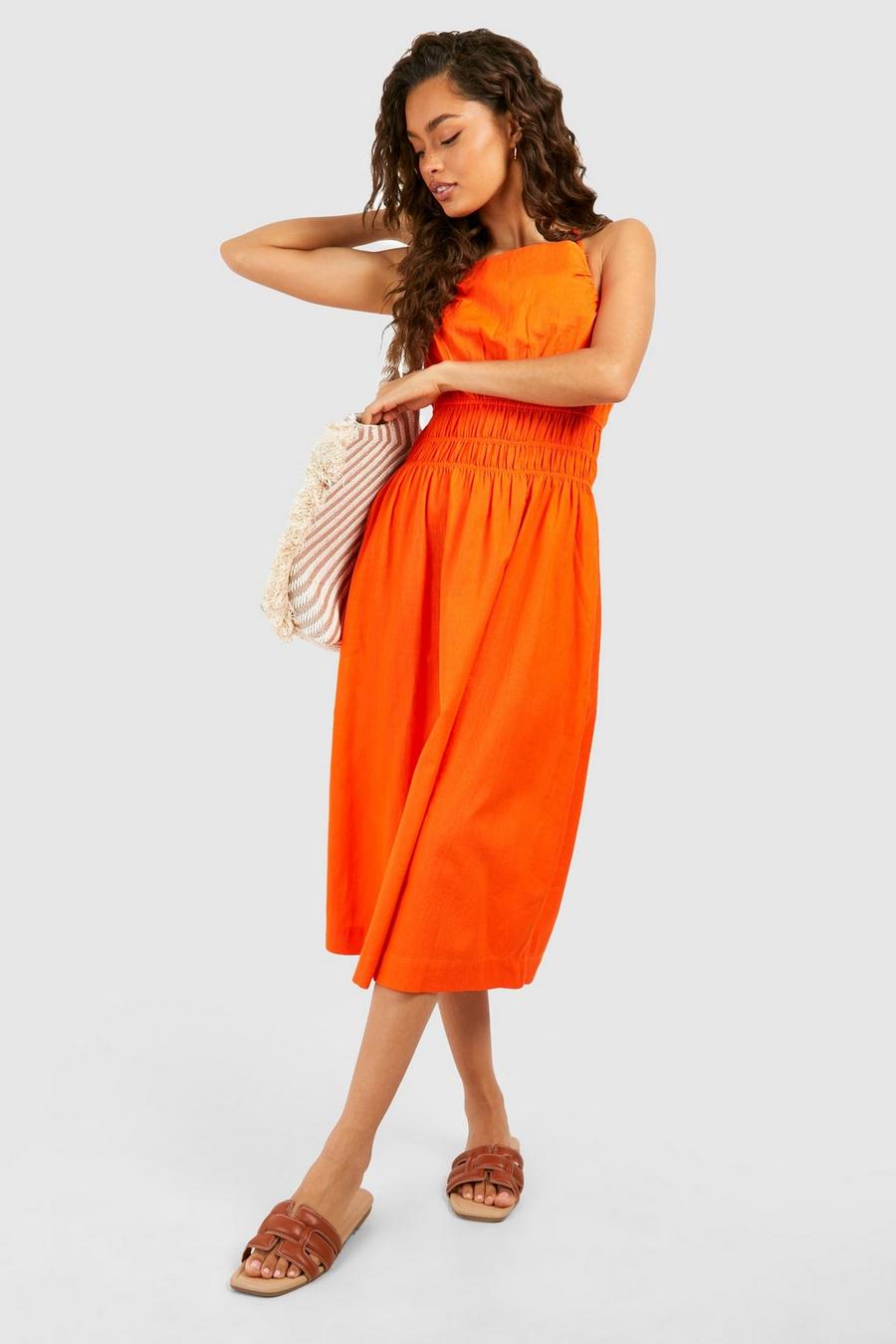 Orange Strappy Linen Shirred Waist Midi Dress
