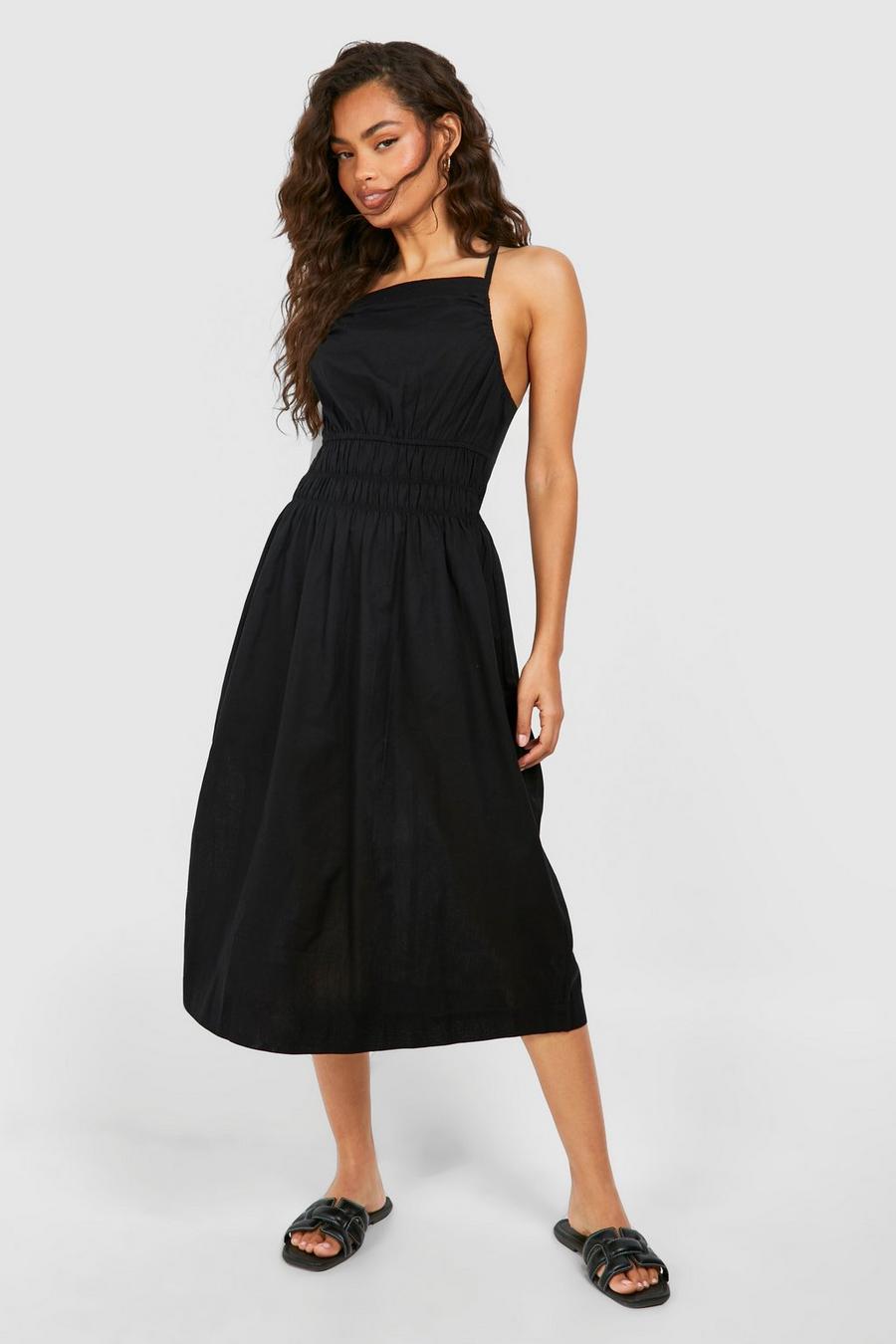 Black Strappy Linen Shirred Waist Midi Dress image number 1