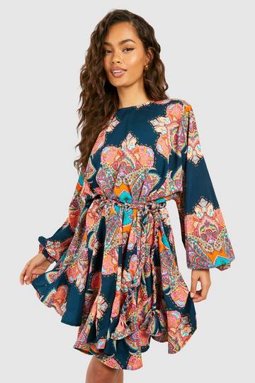 Paisley Print Godet Mini Dress multi