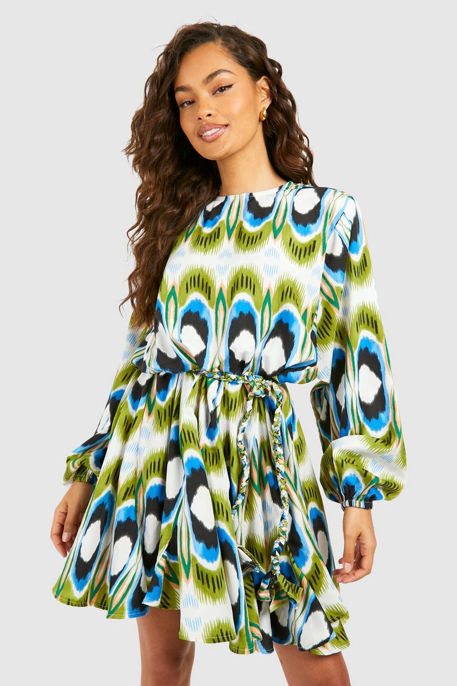 Multi Bright Geo Print Godet Mini Dress image number 1