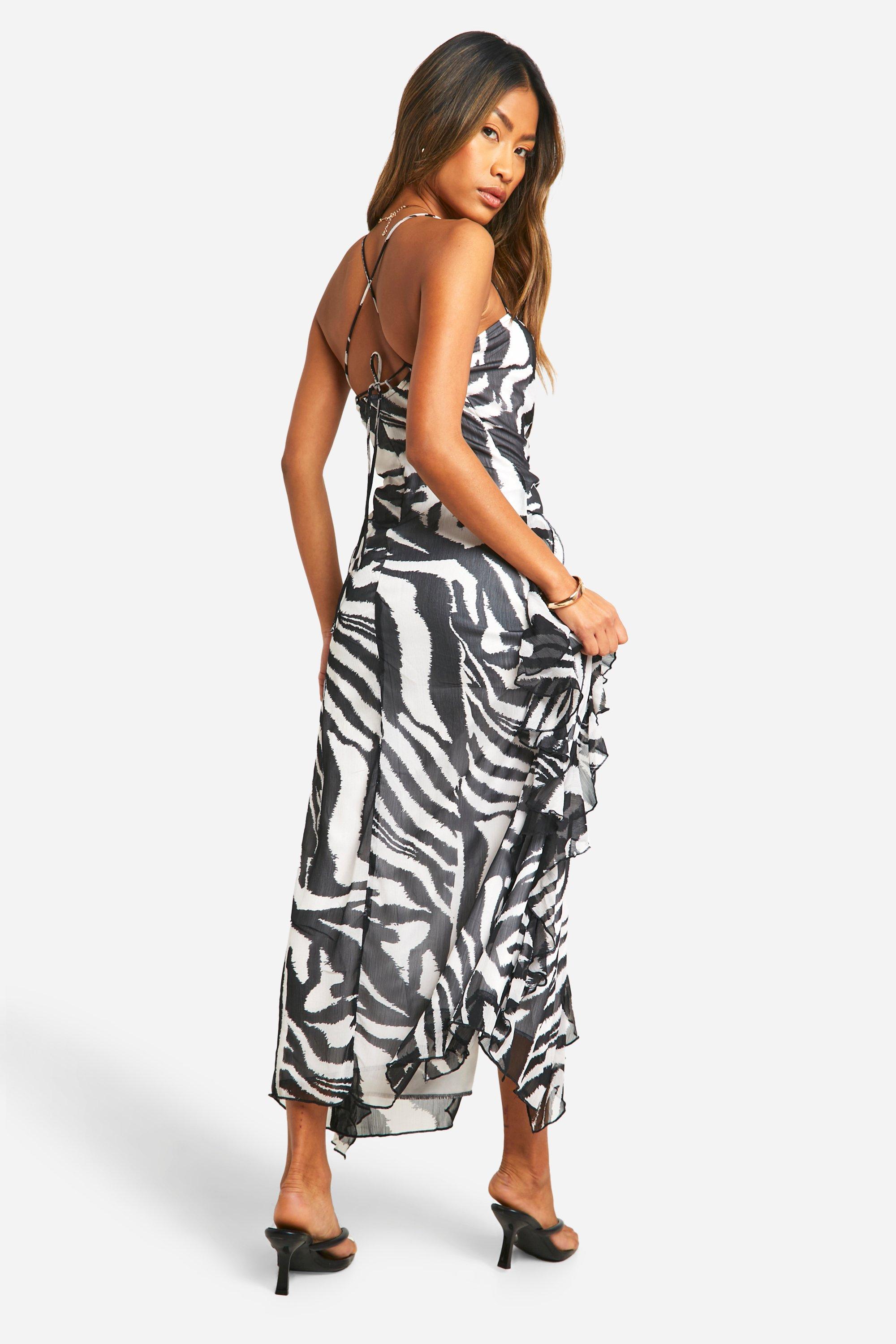 Zebra Crinkle Chiffon Strappy Midaxi Dress