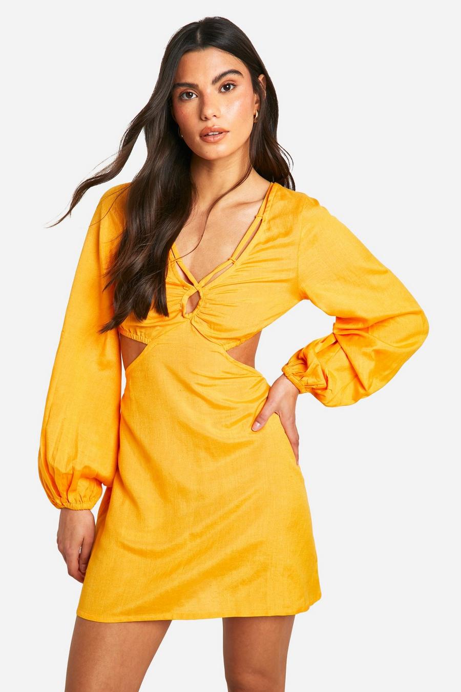Robe courte nouée en lin, Orange image number 1