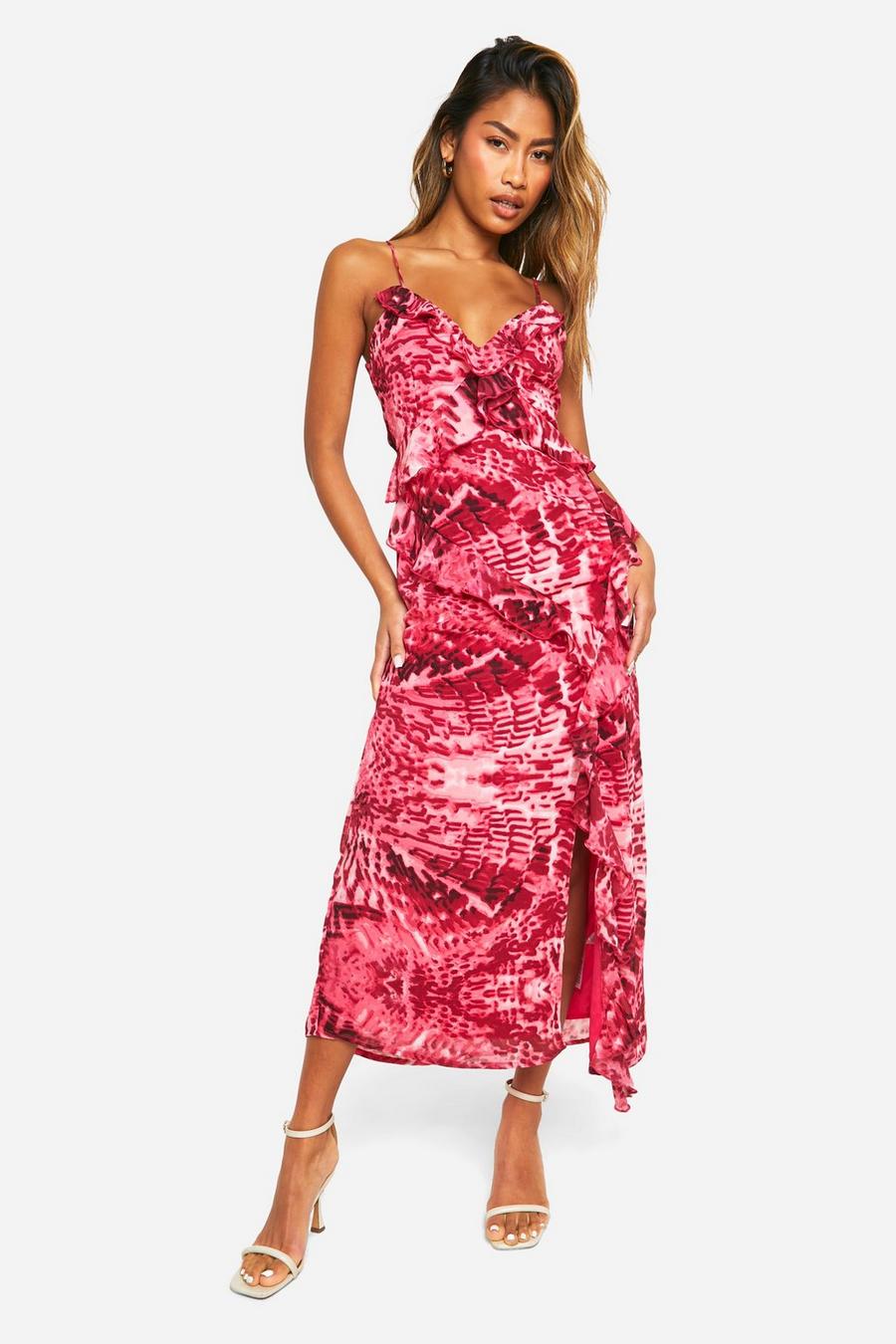Multi Blur Print Chiffon Ruffle Midi Dress
