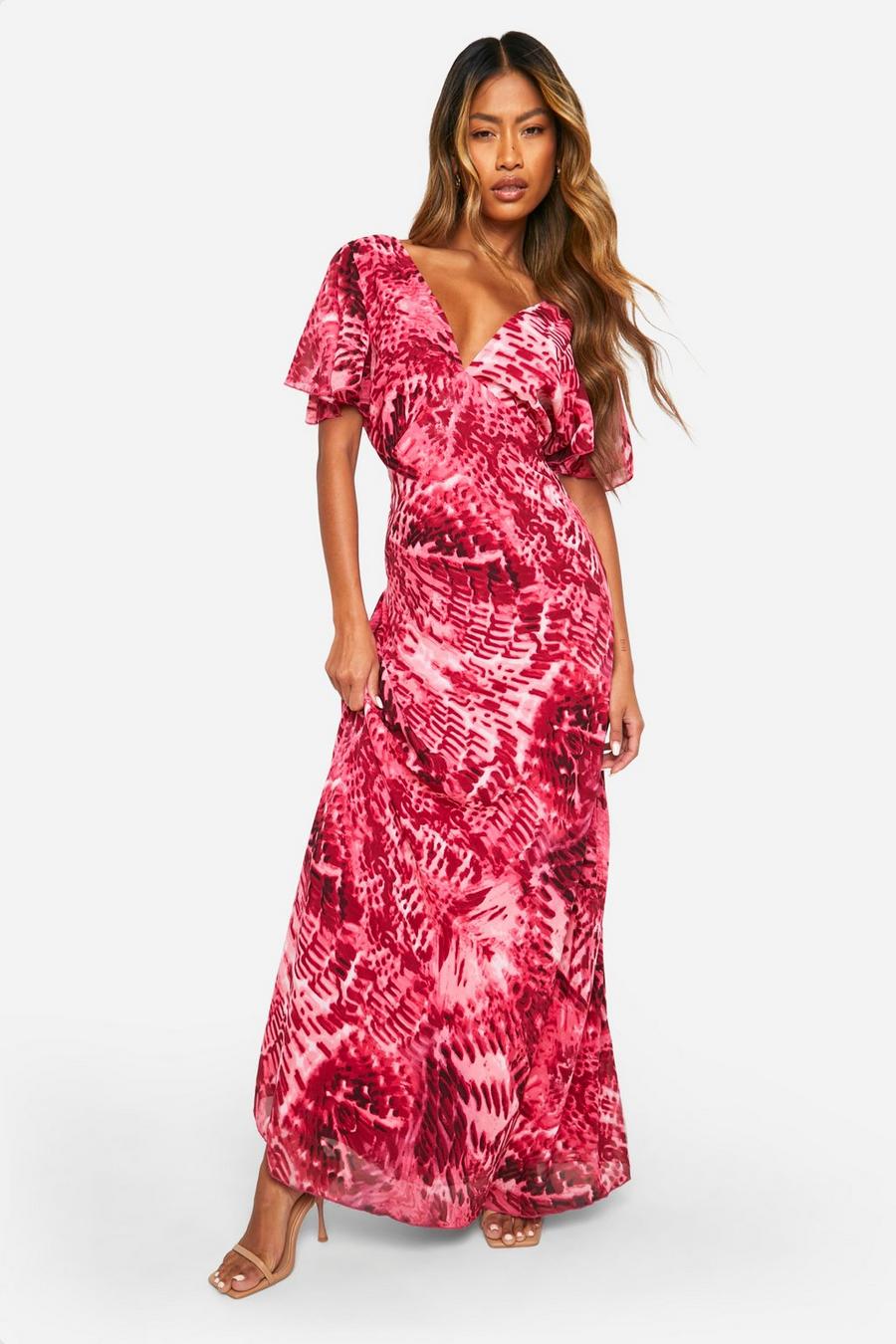 Pink Blur Print Angel Sleeve Maxi Dress