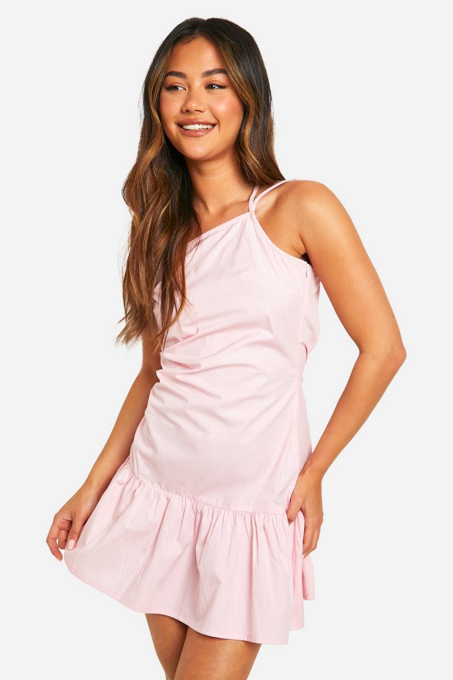 Linen Look Ruched Mini Dress, Pale pink