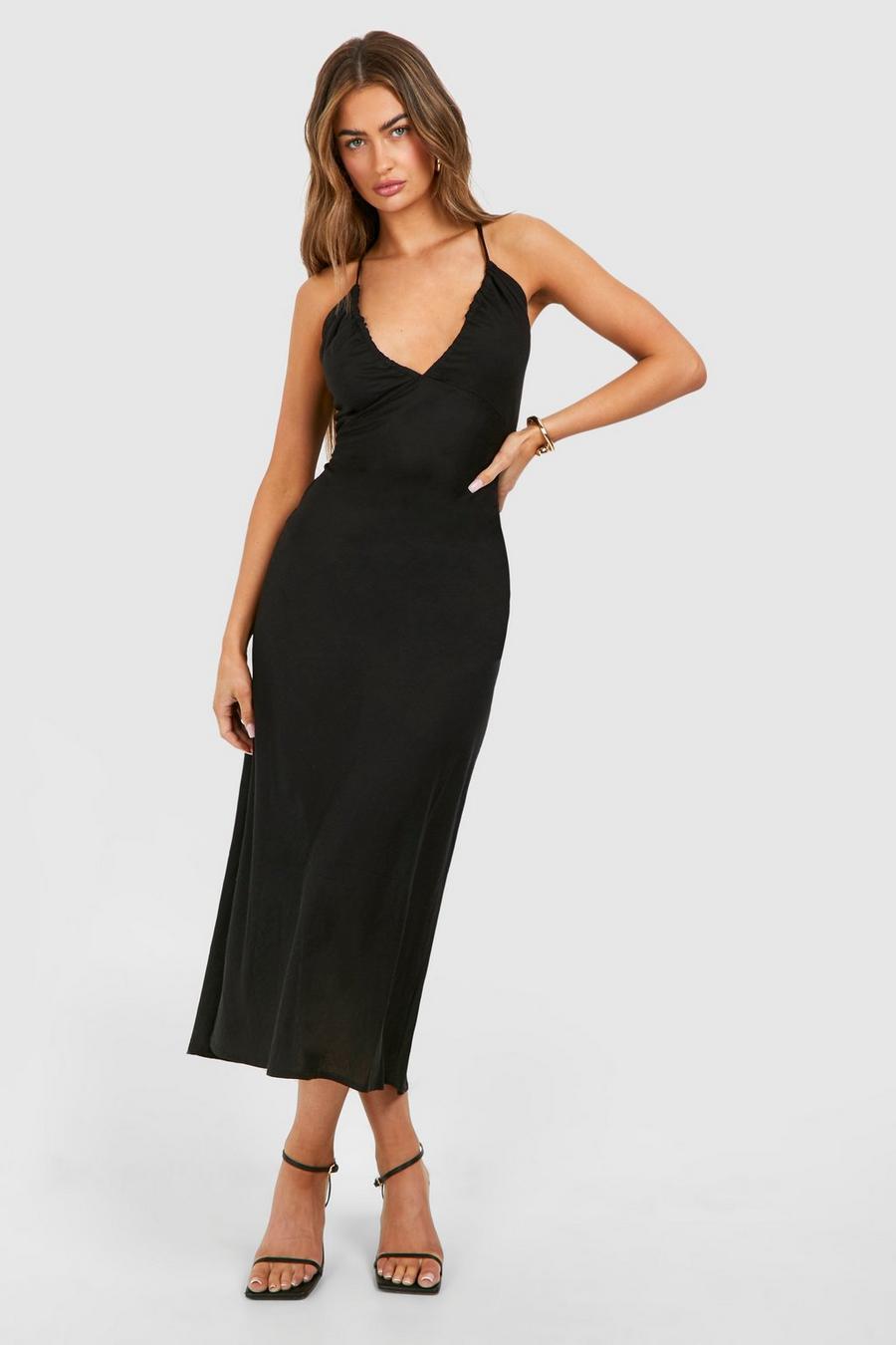 Black Linen Look Strappy Midi Dress