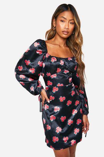 Floral Puff Sleeve Mini Dress black