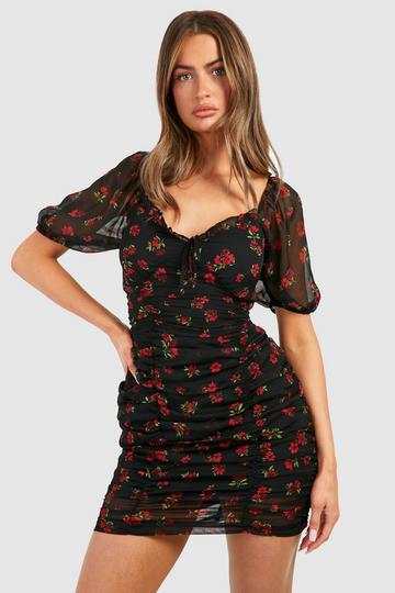 Black Floral Chiffon Ruched Mini Dress