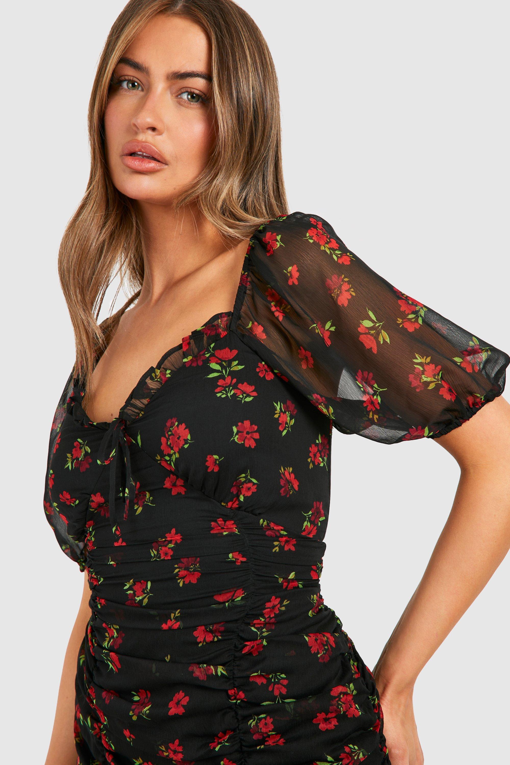 Floral Chiffon Ruched Mini Dress | boohoo USA