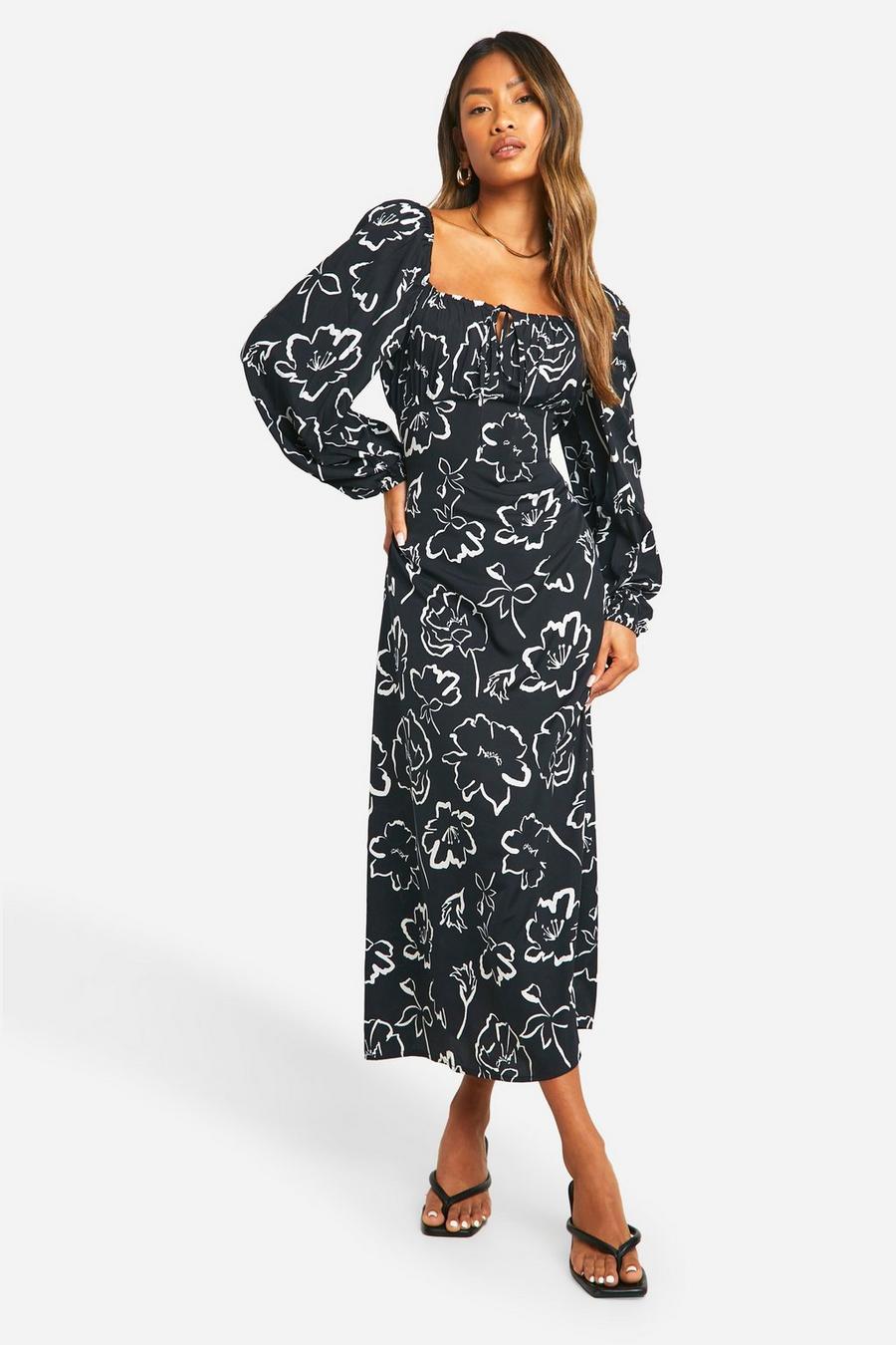 Black Mono Floral Puff Sleeve Midi Dress image number 1