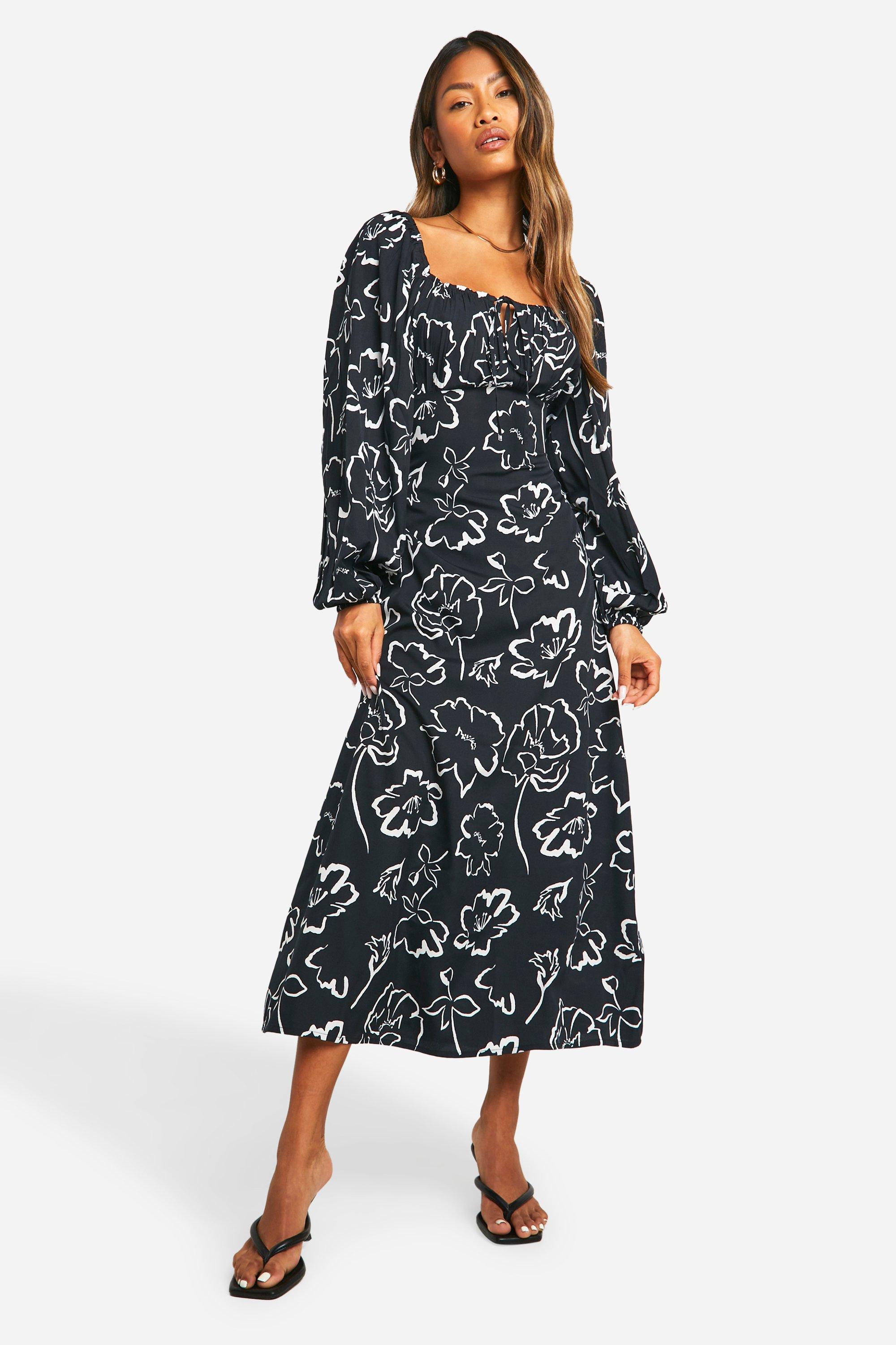 Mono Floral Puff Sleeve Midi Dress | boohoo USA