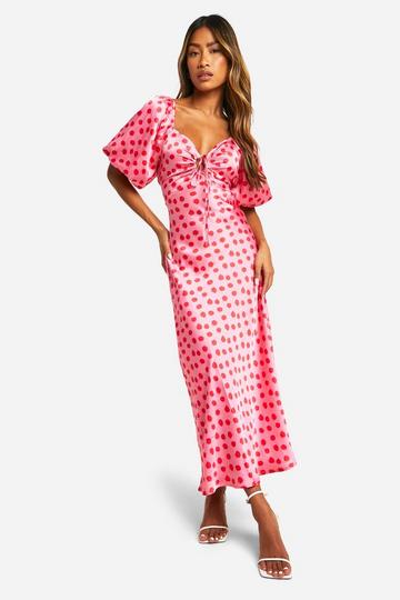 Pink Dot Satin Puff Sleeve Midi Dress