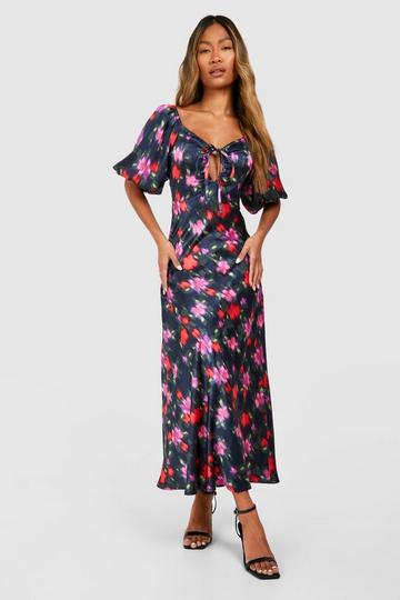 Blur Floral Satin Puff Sleeve Midi Dress multi