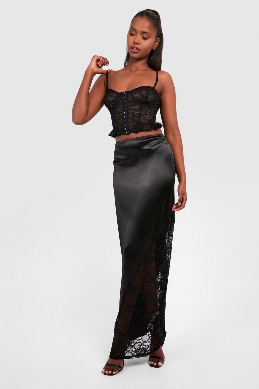 Black Lace Insert Satin Maxi Skirt image number 1