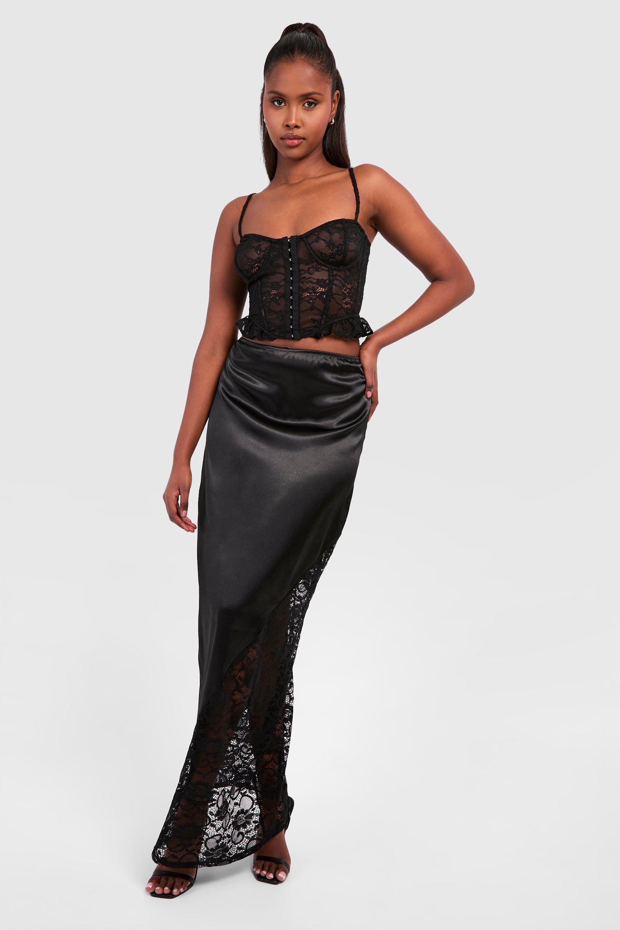 【COAP】 [Made] Lace noir satin skirt Satin Lace Detail Midi Skirt - Black | BOA
