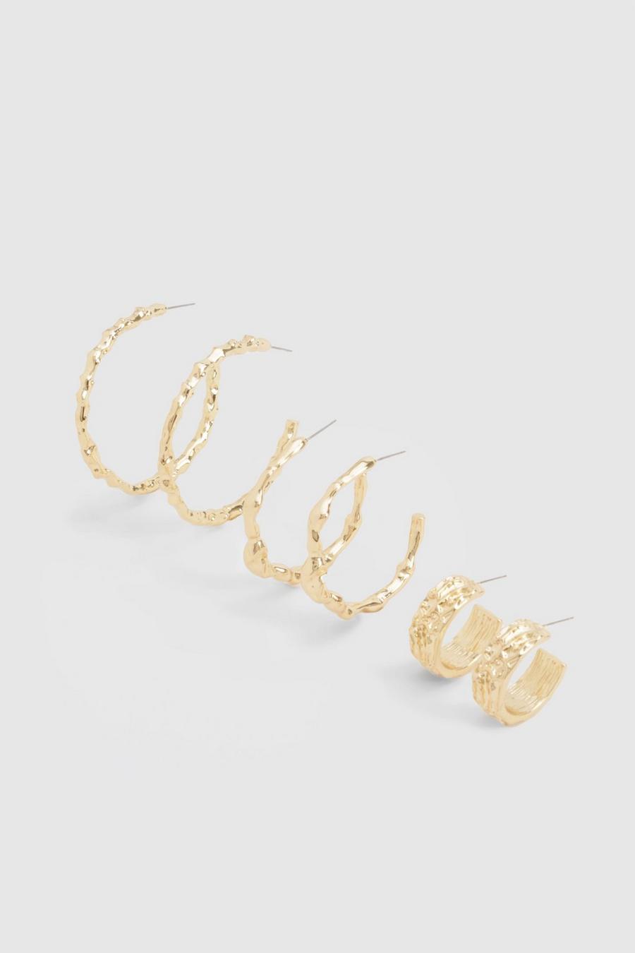 Gold Hammered Hoop Earrings 3 Pack  image number 1