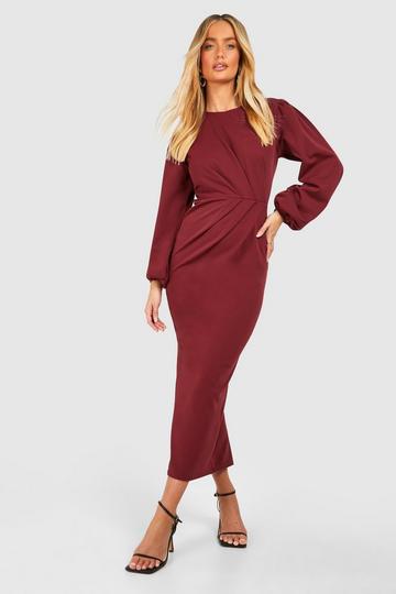 Drape Side Puff Sleeve Crepe Midi Dress merlot