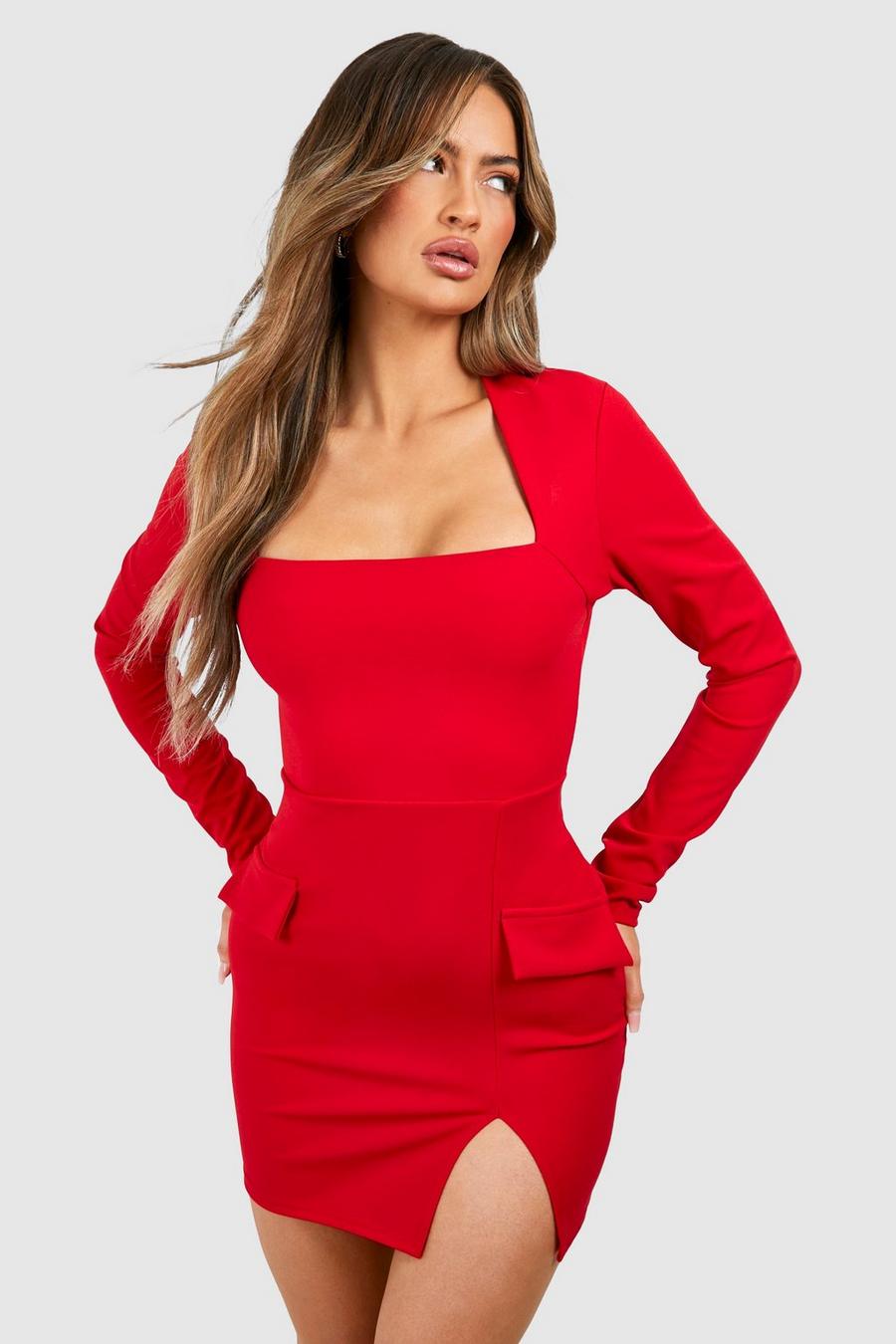 Crepe-Minikleid mit geradem Ausschnitt und Taschen-Detail, Red