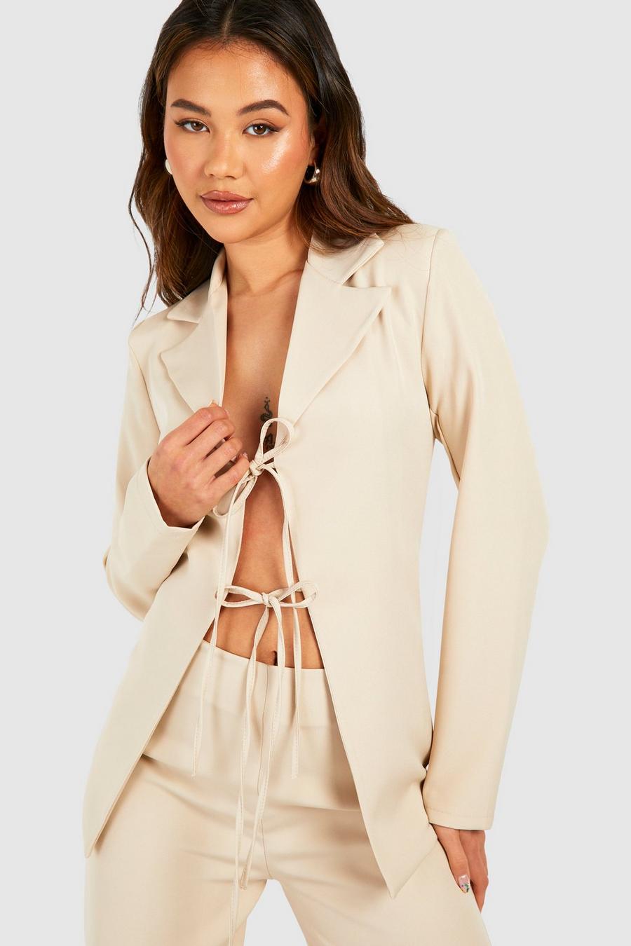 Sand Tie Plunge Front Fitted Blazer image number 1