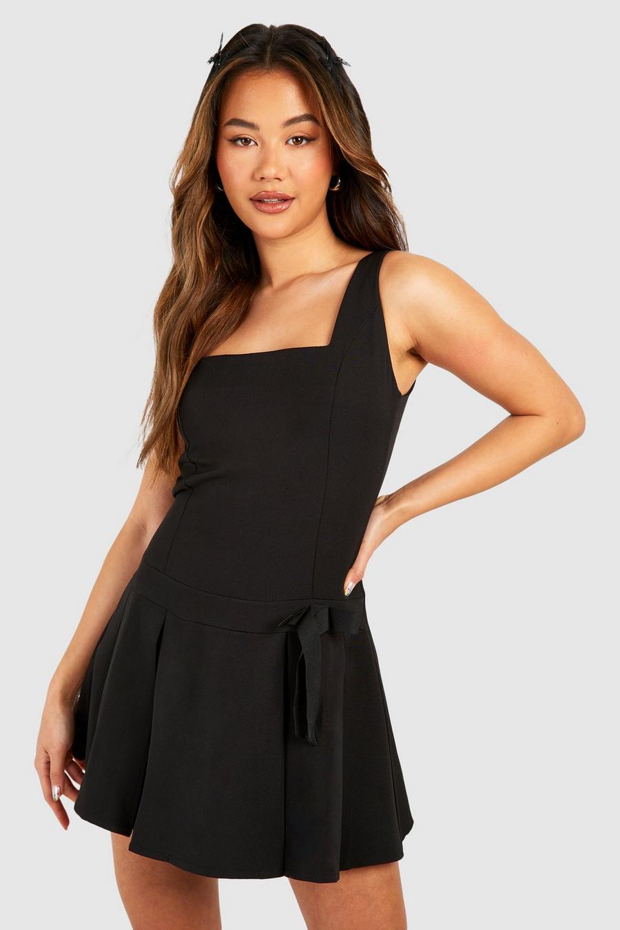 Black Square Neck Pleated Drop Hem Mini Dress