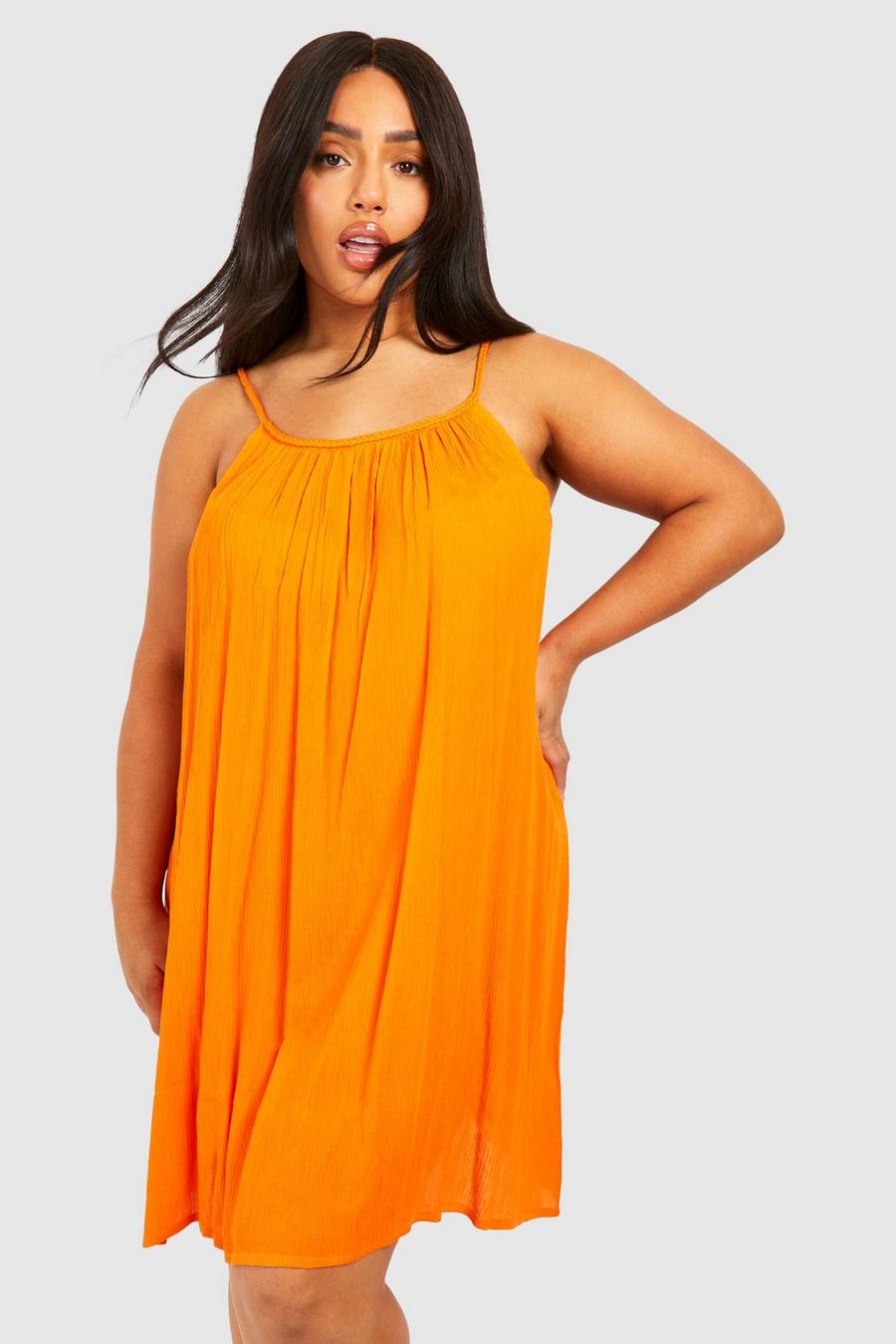 Orange Plus Crinkle Rayon Plaited Strap Beach Dress image number 1