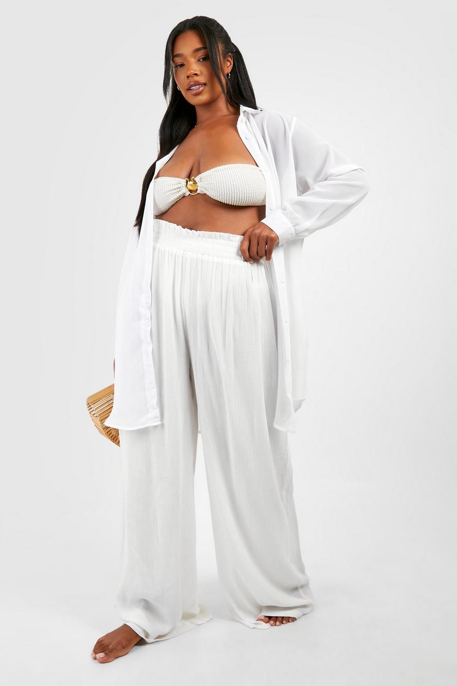 White Plus Crinkle Rayon Beach Trousers  image number 1