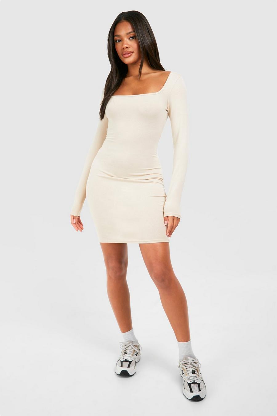 Stone Square Neck Modal Long Sleeve Bodycon Dress image number 1