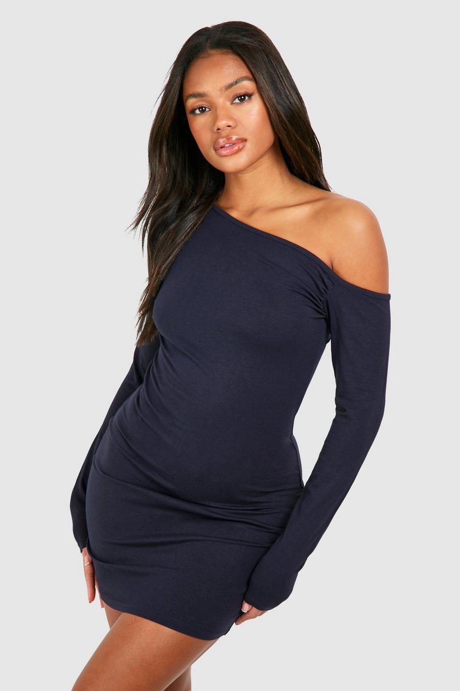 Navy Ruched Off The Shoulder Long Sleeve Modal Mini Dress
