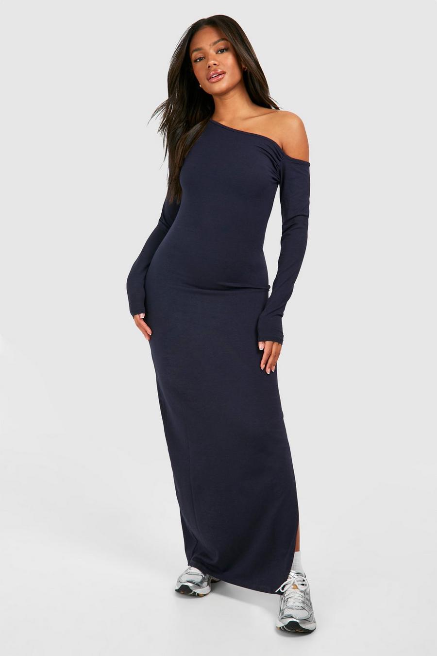 Navy Ruched Off The Shoulder Long Sleeve Modal Maxi Dress