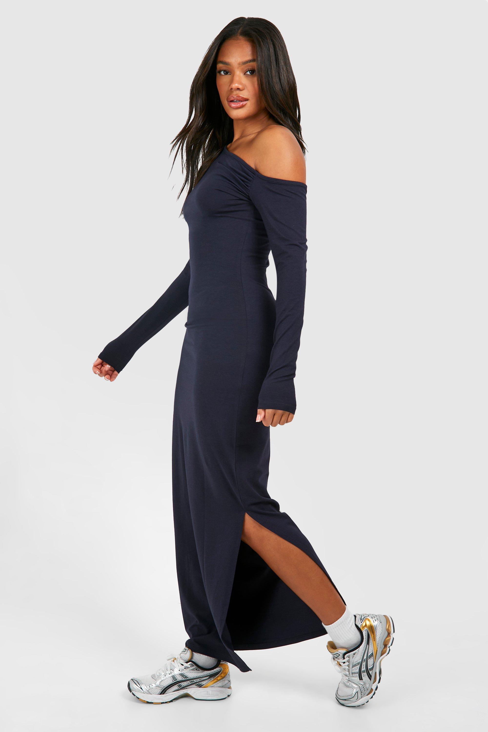 Ruched Bardot Long Sleeve Modal Maxi Dress boohoo IE