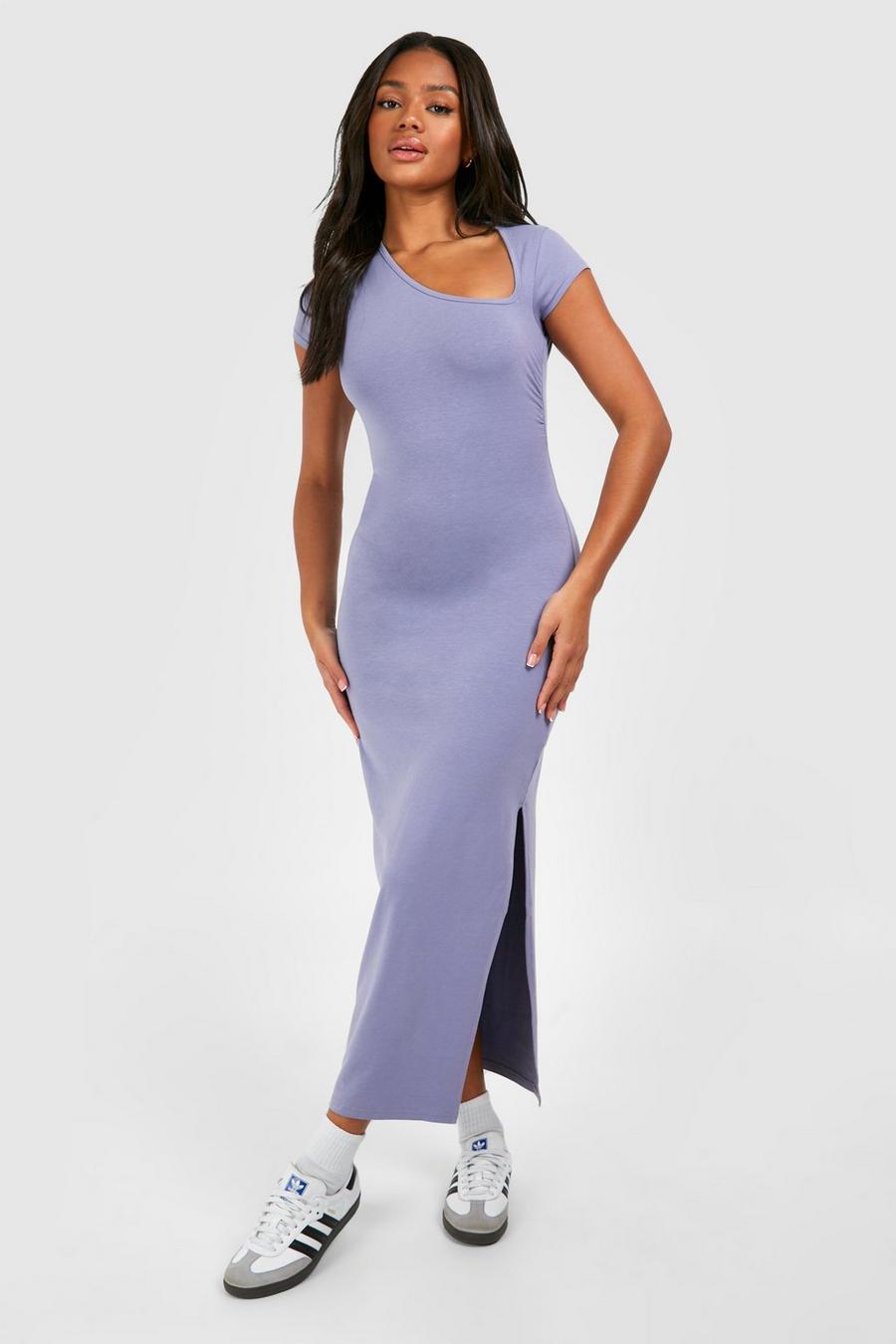 Blue Assymetric Cap Sleeve Ruched Modal Midaxi Dress