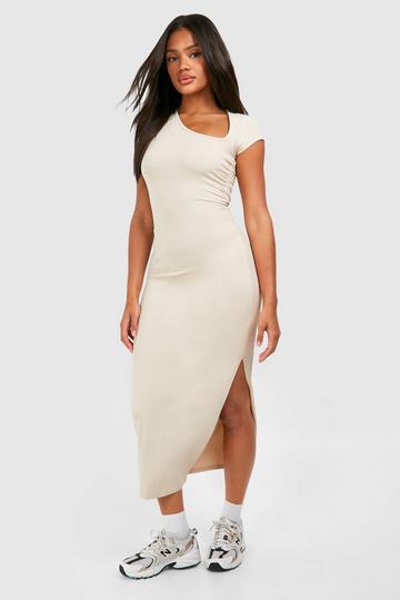 Stone Beige Assymetric Cap Sleeve Ruched Midaxi Dress
