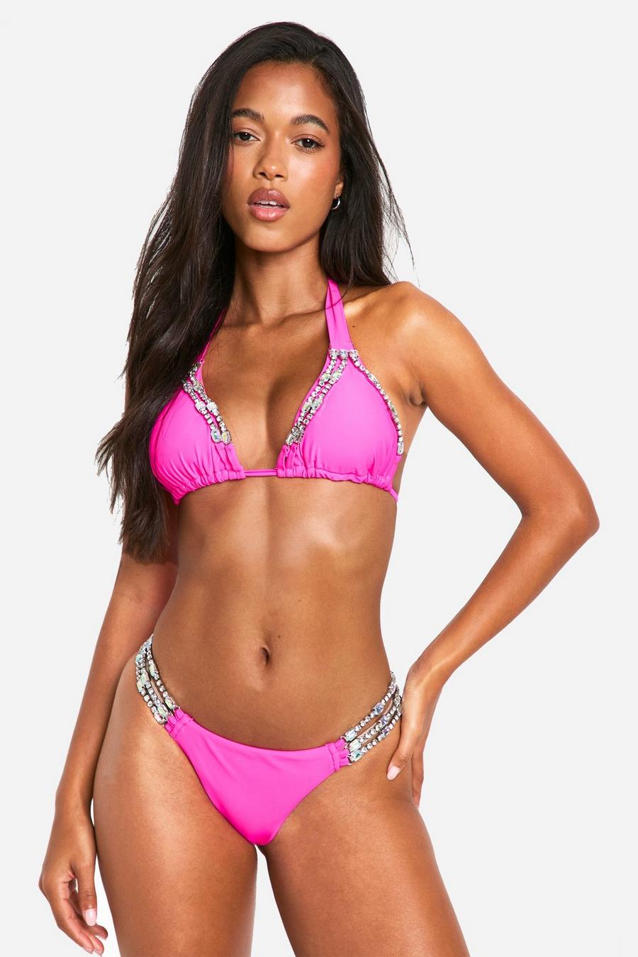Set bikini a triangolo rifinito con strass, Hot pink