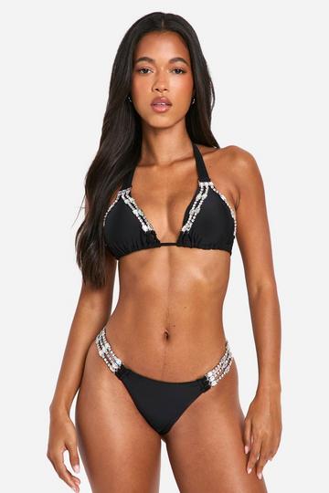 Diamante Trim Triangle Bikini Set black