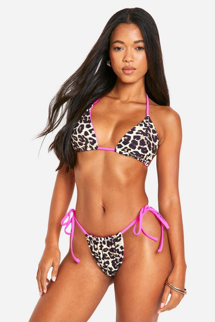 Set bikini a triangolo leopardato con laccetti a contrasto, Leopard image number 1