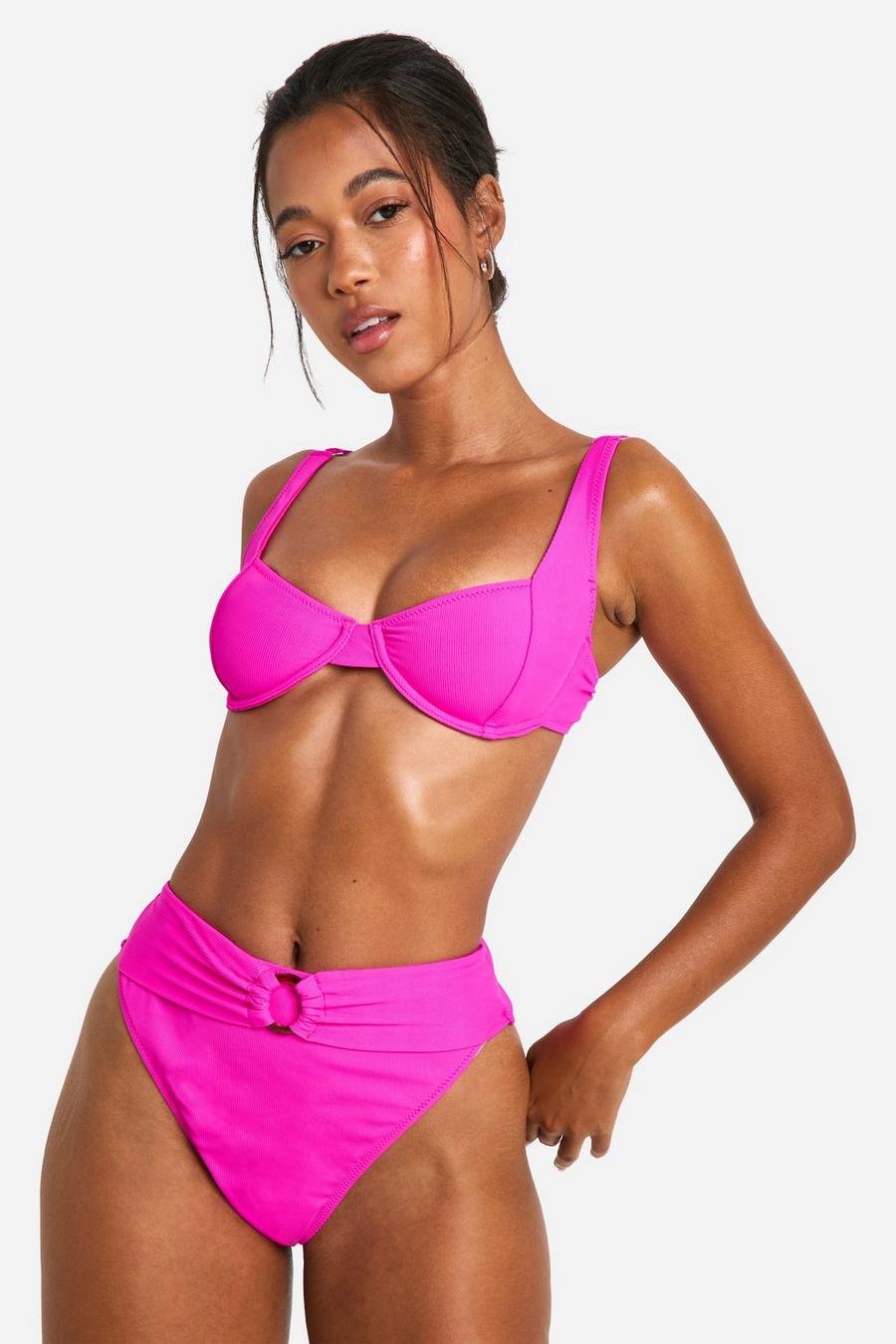 Gerippte O-Ring Bikinihose mit hohem Bund, Pink
