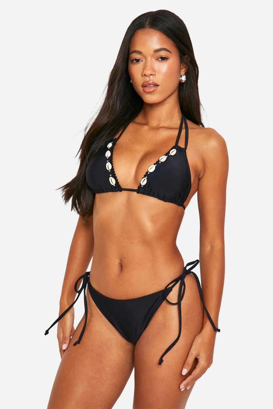 Black Geplooide Driehoekige Bikini Set Met Schelpen Zoom