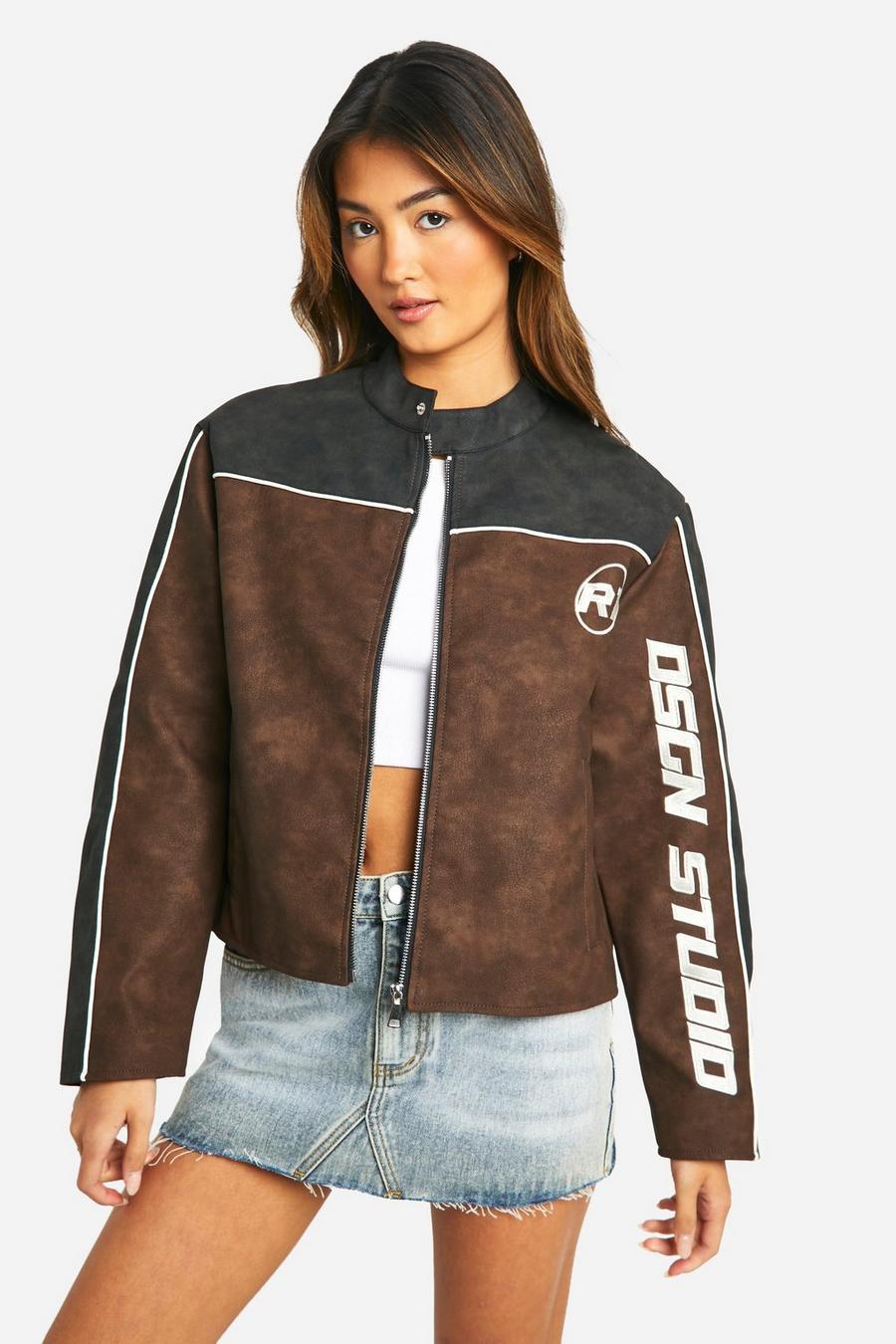 Brown Embroidered Fitted Vintage Look Faux Leather Moto Jacket  image number 1